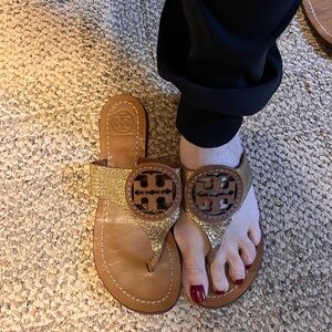 Tory Burch Gold and Brown Sandals with Iconic Logo